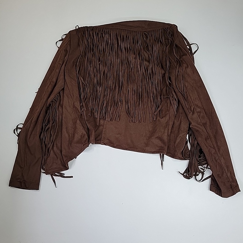 BACCINI XS Brown Open Front Suede-Like Fringed Western Light Top Casual Fun - Picture 5 of 6